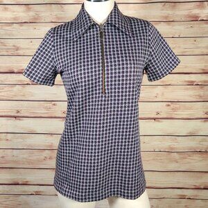 Vintage 70's Purple/Grey/Black Houndstooth-ish? Pattern Zip Polo Blouse